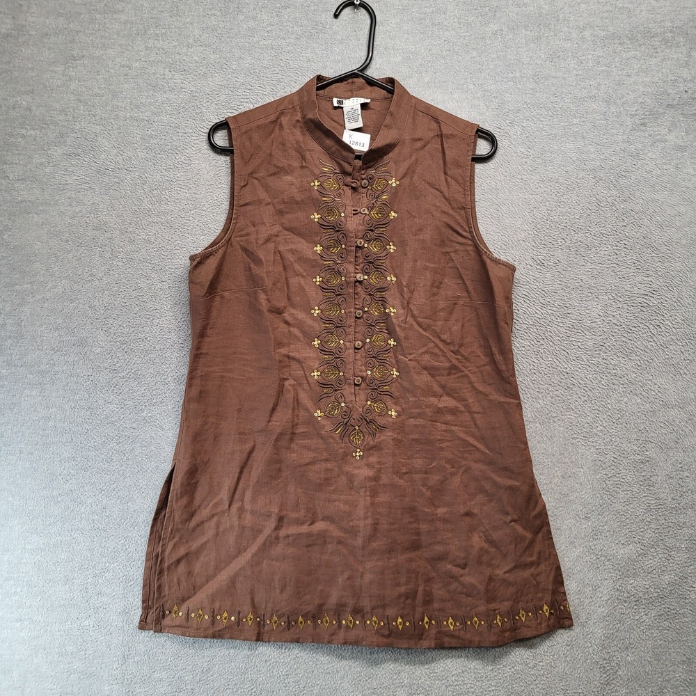 Carole Little Women Dress 10 Brown Linen Shift Sleeveless Embroidered Beaded - Picture 1 of 8